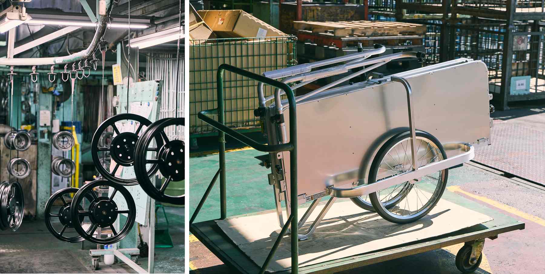 大小さまざまな産業車両用ホイールとワンタッチで折り畳めるリヤカー「ハンディキャンパー」