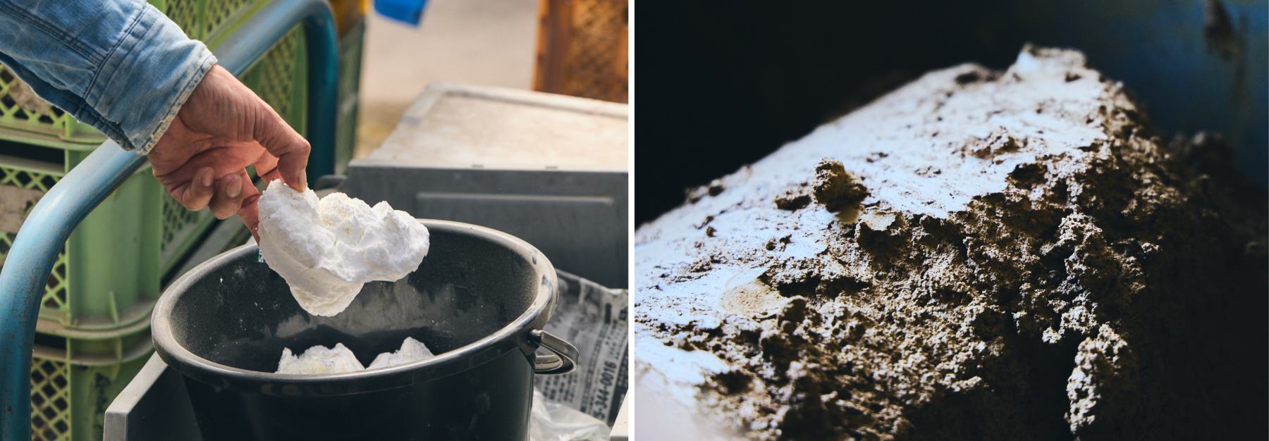 「再生陶器」に活用する牛骨と信楽焼の原料となる土