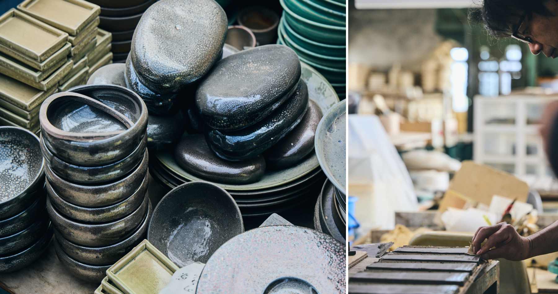 一つ一つに独特な意匠が施された器、土に模様を付ける工程の様子