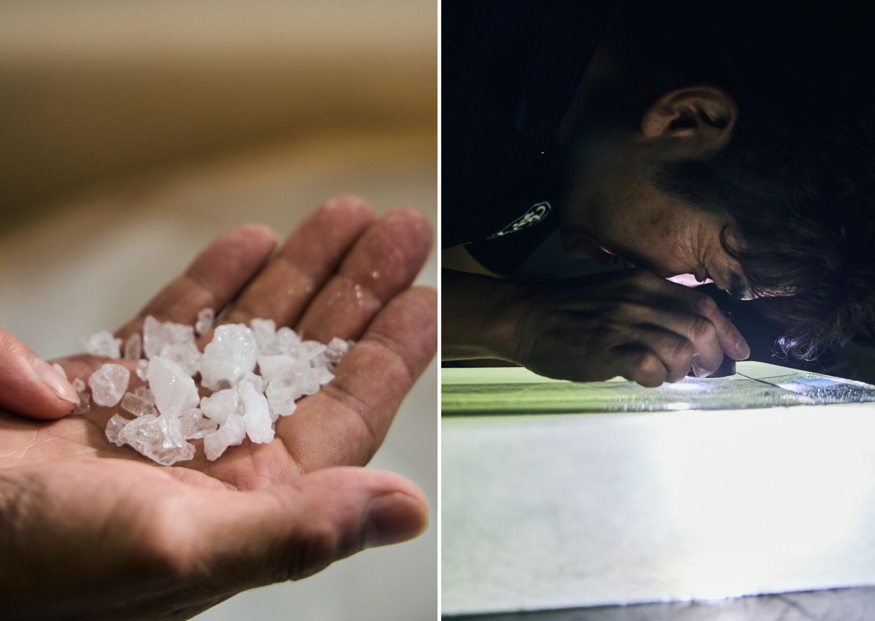 ガラスの原料となるシリカ(左)、気泡などがないかルーペでチェックを行う様子(右)