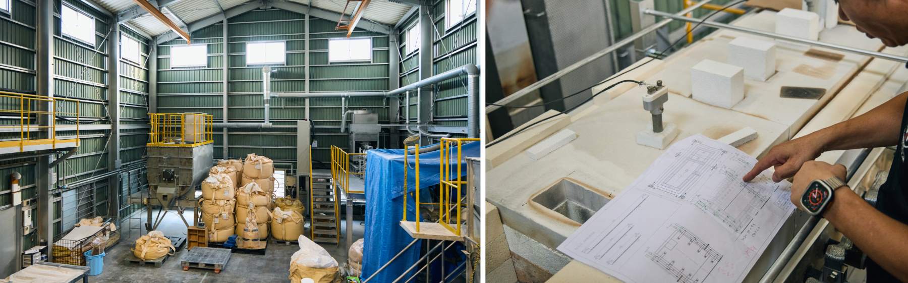 形状や大きさの違う炉がたくさん並ぶ工場内