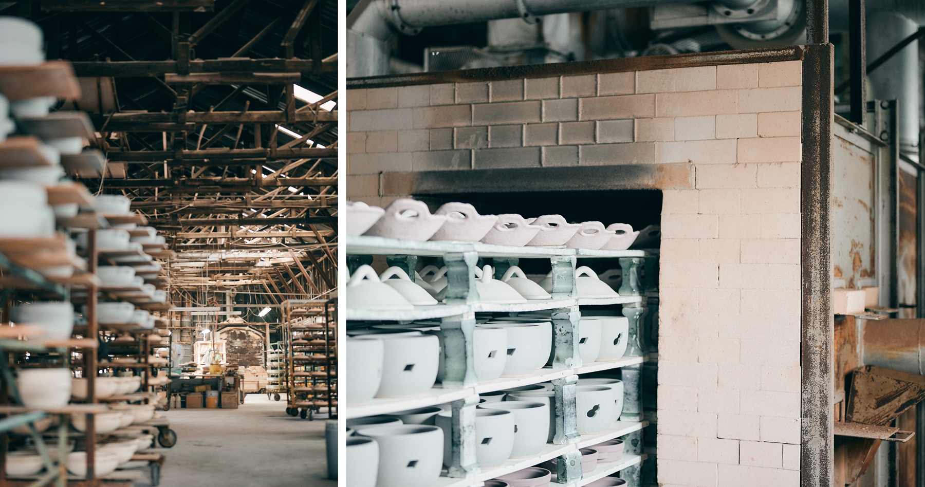 小学校を移築した趣ある木造の工場(左)、大量のロットを焼成できる『トンネル窯』(右)