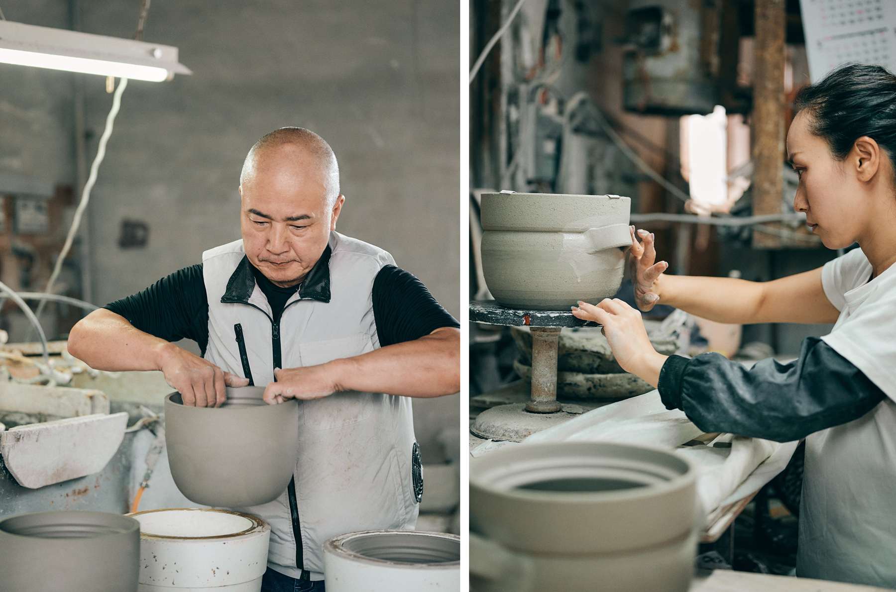 型から抜き成形(左)、取っ手をつける(右)作業の様子