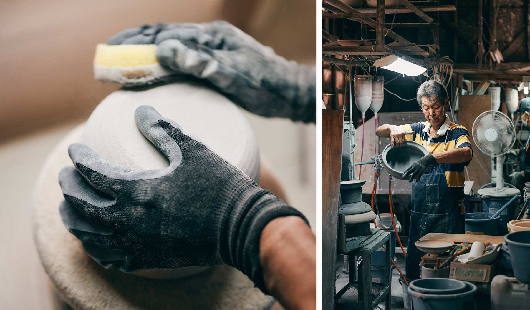 スポンジを使った表面加工(左)、釉薬の確認(右)作業の様子