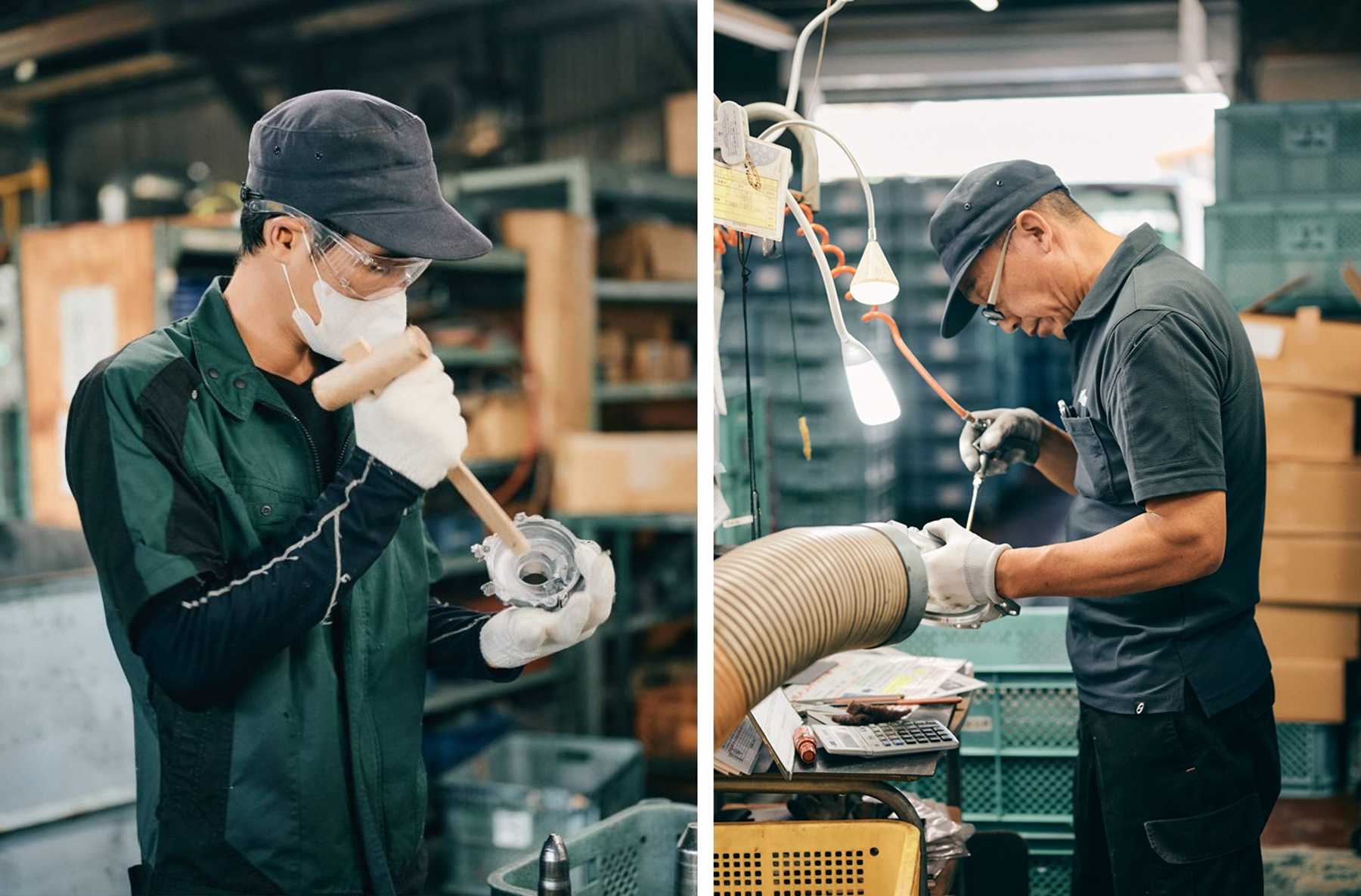 バリ取り(左)とブロワー作業(右)工程の様子