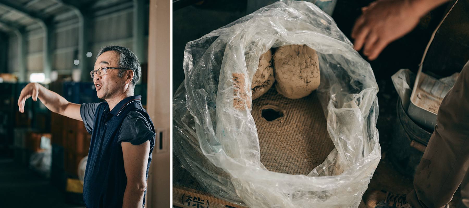 当時のことを語る熊本社長（左）と陶器の原材料であり命とも言える“土”（右）