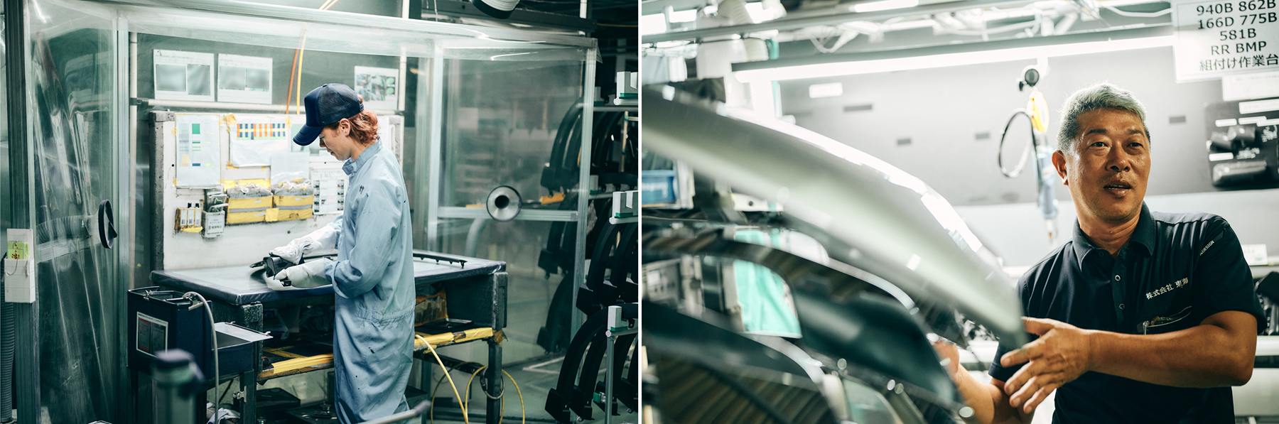 丁寧な検品作業の様子(左)と熱く語ってくださった佐藤社長(右)